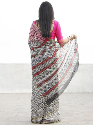 Beige Black Hand Block Printed Chiffon Saree With Zari Border- S031702568