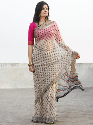 Beige Black Hand Block Printed Chiffon Saree With Zari Border- S031702575