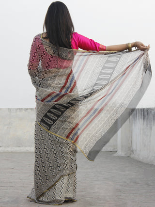 Beige Black Hand Block Printed Chiffon Saree With Zari Border- S031702575