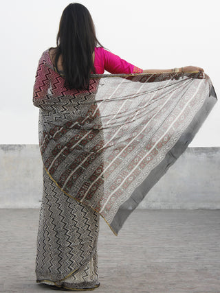 Beige Black Hand Block Printed Chiffon Saree With Zari Border- S031702577