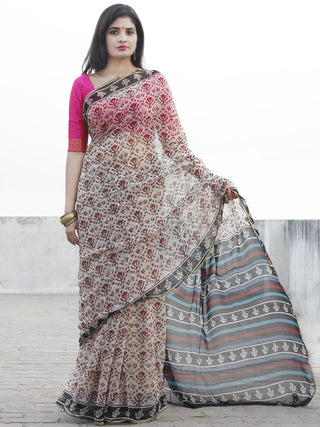 Beige Black Maroon Hand Block Printed Chiffon Saree With Zari Border- S031702579