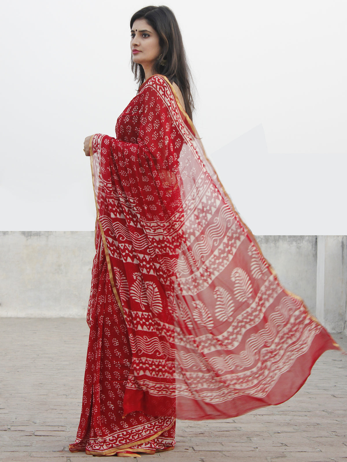 Red White Hand Block Printed Chiffon Saree With Zari Border- S031702581