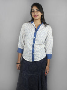 White Blue Hand Block Printed Shirt- S3517026
