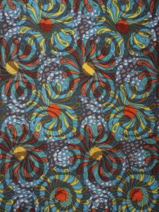 Brown Light Green Red Yellow Hand Block Printed Cotton Cambric Fabric Per Meter - F0916413