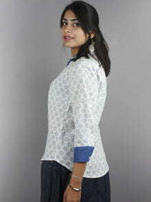 White Blue Hand Block Printed Shirt- S3517026