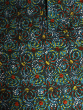 Brown Light Green Red Yellow Hand Block Printed Cotton Cambric Fabric Per Meter - F0916413