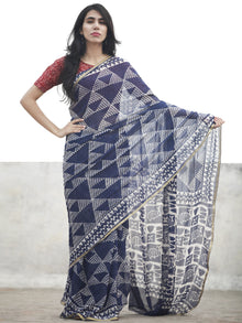 Navy Blue White Hand Block Printed Chiffon Saree With Zari Border - S031702612