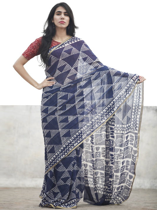 Navy Blue white Hand Block Printed Chiffon Saree With Zari Border - S031702611