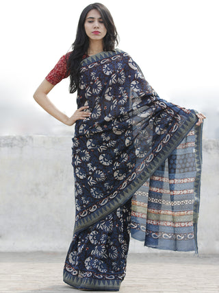 Indigo Maroon Ivory Chanderi Silk Ajrakh Hand Block Printed Saree With Geecha Border - S031702618