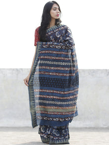 Indigo Maroon Ivory Chanderi Silk Ajrakh Hand Block Printed Saree With Geecha Border - S031702618