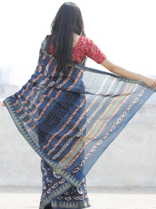 Indigo Maroon Ivory Chanderi Silk Ajrakh Hand Block Printed Saree With Geecha Border - S031702618