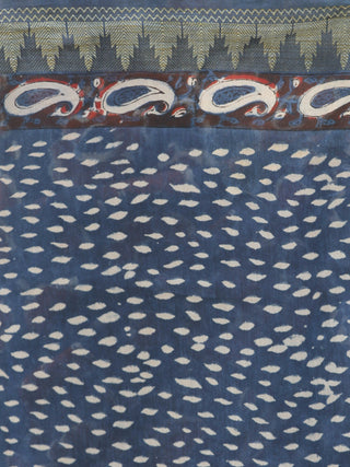 Indigo Maroon Ivory Chanderi Silk Ajrakh Hand Block Printed Saree With Geecha Border - S031702618