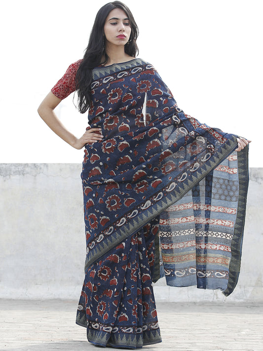 Indigo Maroon Ivory Chanderi Silk Ajrakh Hand Block Printed Saree With Geecha Border - S031702620
