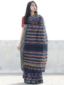 Indigo Maroon Ivory Chanderi Silk Ajrakh Hand Block Printed Saree With Geecha Border - S031702620