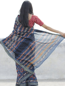 Indigo Maroon Ivory Chanderi Silk Ajrakh Hand Block Printed Saree With Geecha Border - S031702620