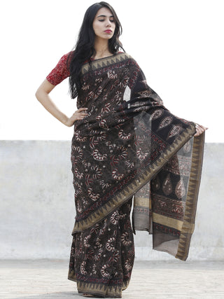 Dark Brown Maroon Ivory Chanderi Silk Hand Block Printed Saree With Geecha Border - S031702621