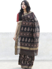 Dark Brown Maroon Ivory Chanderi Silk Hand Block Printed Saree With Geecha Border - S031702621