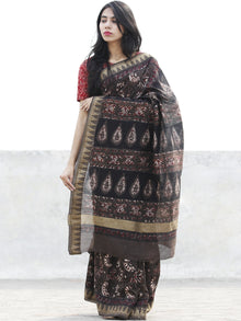 Dark Brown Maroon Ivory Chanderi Silk Hand Block Printed Saree With Geecha Border - S031702621