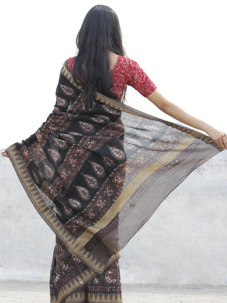 Dark Brown Maroon Ivory Chanderi Silk Hand Block Printed Saree With Geecha Border - S031702621