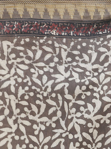 Dark Brown Maroon Ivory Chanderi Silk Hand Block Printed Saree With Geecha Border - S031702621