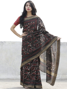 Brown Maroon Ivory Chanderi Silk Hand Block Printed Saree With Geecha Border - S031702622