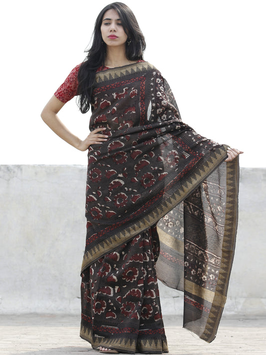 Brown Maroon Ivory Chanderi Silk Hand Block Printed Saree With Geecha Border - S031702622