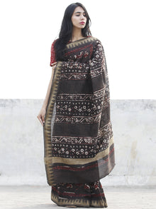 Brown Maroon Ivory Chanderi Silk Hand Block Printed Saree With Geecha Border - S031702622