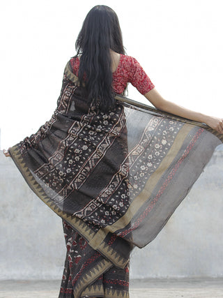 Brown Maroon Ivory Chanderi Silk Hand Block Printed Saree With Geecha Border - S031702622
