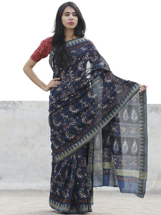 Indigo Maroon Ivory Chanderi Silk Hand Block Printed Saree With Geecha Border - S031702623
