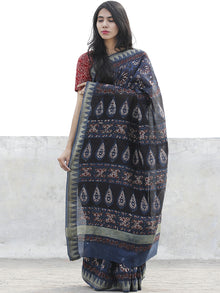 Indigo Maroon Ivory Chanderi Silk Hand Block Printed Saree With Geecha Border - S031702623
