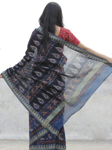 Indigo Maroon Ivory Chanderi Silk Hand Block Printed Saree With Geecha Border - S031702623
