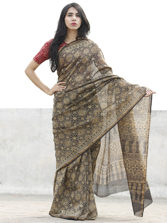 Peanut Brown Black Chanderi Silk Ajrakh Hand Block Printed Saree With Zari Border - S031702624