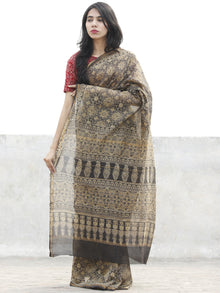 Peanut Brown Black Chanderi Silk Ajrakh Hand Block Printed Saree With Zari Border - S031702624