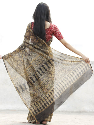 Peanut Brown Black Chanderi Silk Ajrakh Hand Block Printed Saree With Zari Border - S031702624