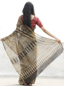 Peanut Brown Black Chanderi Silk Ajrakh Hand Block Printed Saree With Zari Border - S031702624
