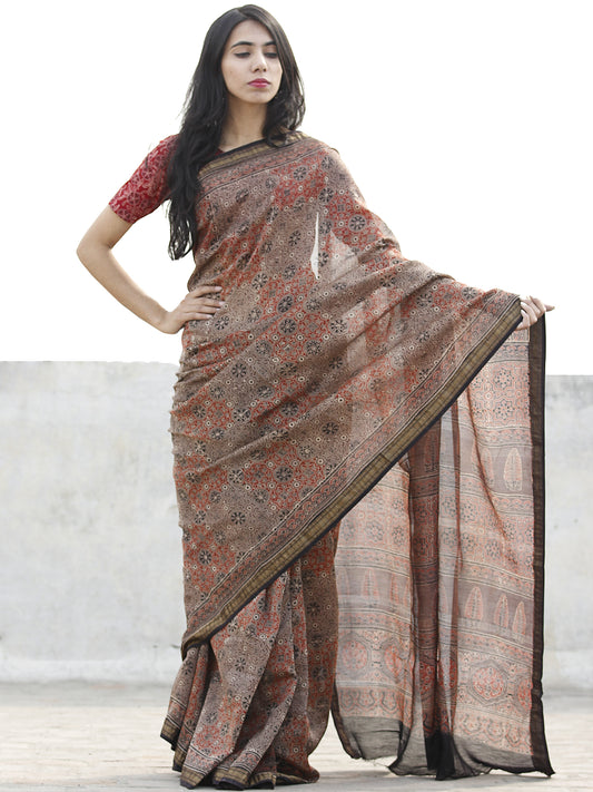 Brown Red Brown Black Chanderi Silk Ajrakh Hand Block Printed Saree With Zari Border - S031702627