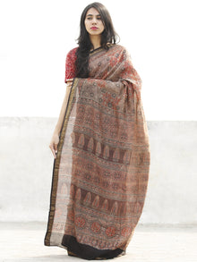 Brown Red Brown Black Chanderi Silk Ajrakh Hand Block Printed Saree With Zari Border - S031702627