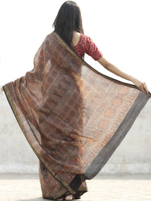 Brown Red Brown Black Chanderi Silk Ajrakh Hand Block Printed Saree With Zari Border - S031702627