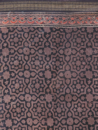 Brown Red Brown Black Chanderi Silk Ajrakh Hand Block Printed Saree With Zari Border - S031702627