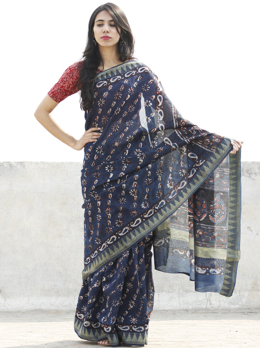 Indigo Black Maroon Ivory Chanderi Silk Hand Block Printed Saree With Geecha Border - S031702628