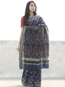 Indigo Black Maroon Ivory Chanderi Silk Hand Block Printed Saree With Geecha Border - S031702628