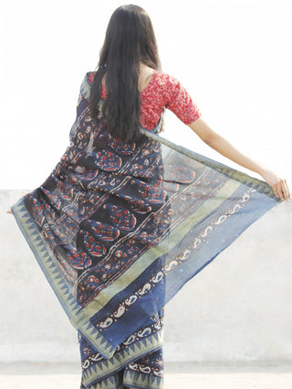 Indigo Black Maroon Ivory Chanderi Silk Hand Block Printed Saree With Geecha Border - S031702628