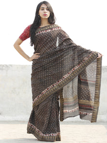 Chocolate Brown Red  Black Chanderi Silk Hand Block Printed Saree With Geecha Border - S031702629