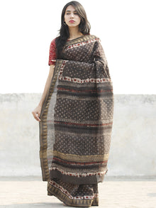 Chocolate Brown Red  Black Chanderi Silk Hand Block Printed Saree With Geecha Border - S031702629