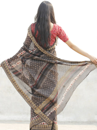 Chocolate Brown Red  Black Chanderi Silk Hand Block Printed Saree With Geecha Border - S031702629