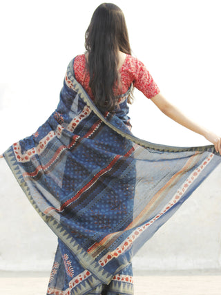 Indigo Red White Chanderi Silk Hand Block Printed Saree With Geecha Border - S031702630