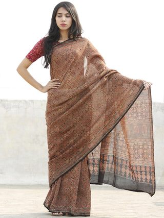 Copper Beige Black  Chanderi Silk Ajrakh Hand Block Printed Saree With Zari Border - S031702633