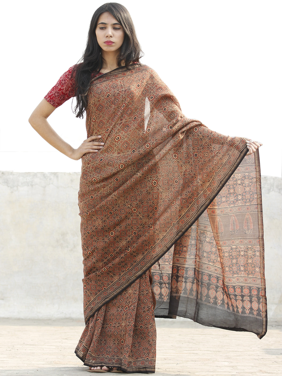 Copper Beige Black  Chanderi Silk Ajrakh Hand Block Printed Saree With Zari Border - S031702633