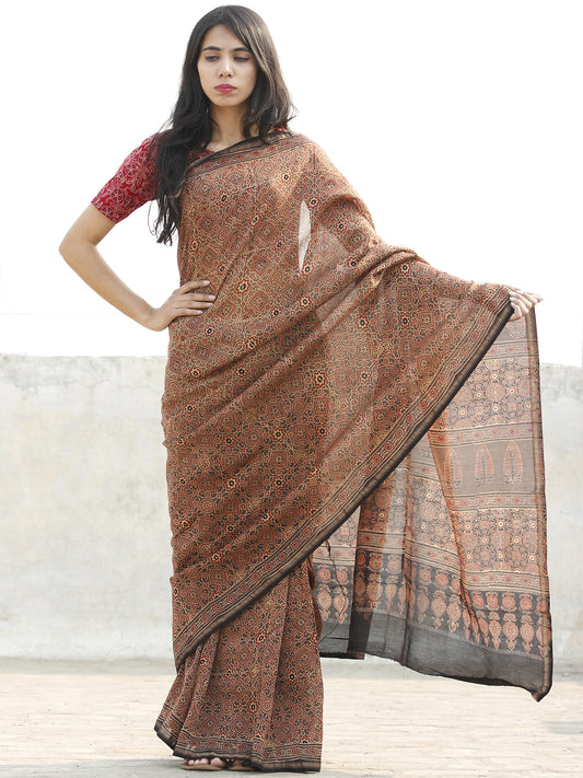 Copper Beige Black  Chanderi Silk Ajrakh Hand Block Printed Saree With Zari Border - S031702633