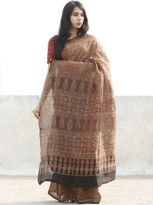 Copper Beige Black  Chanderi Silk Ajrakh Hand Block Printed Saree With Zari Border - S031702633